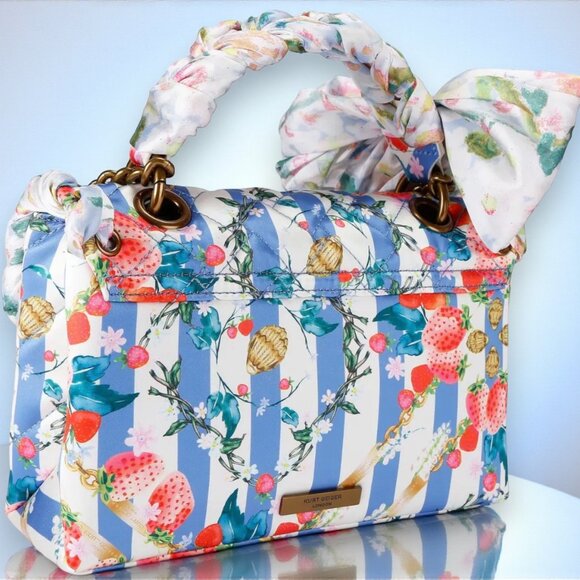 Kurt Geiger Kensington Bag Blue Stripe Strawberry Satin Scarf Shoulder Bag - NEW - Picture 3 of 11